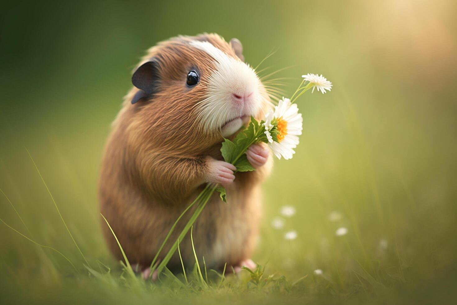 söt guinea gris på grön äng med daisy i tassar ai genererad foto