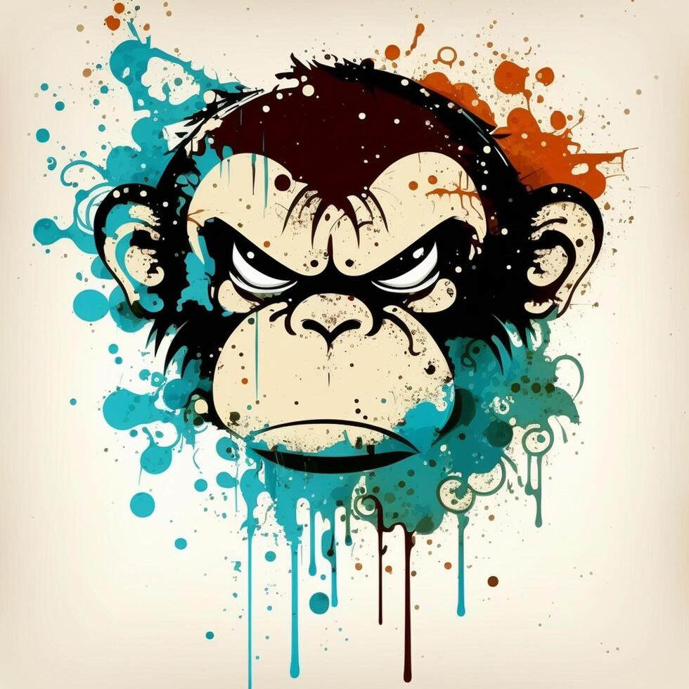 rasande primat en graffiti-stil arg apa huvud befläckade med måla ai genererad foto