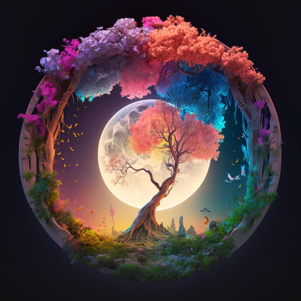 illustration fantasi fe- berättelse träd landskap med måne i de kväll ai genererad innehåll ai genererad foto