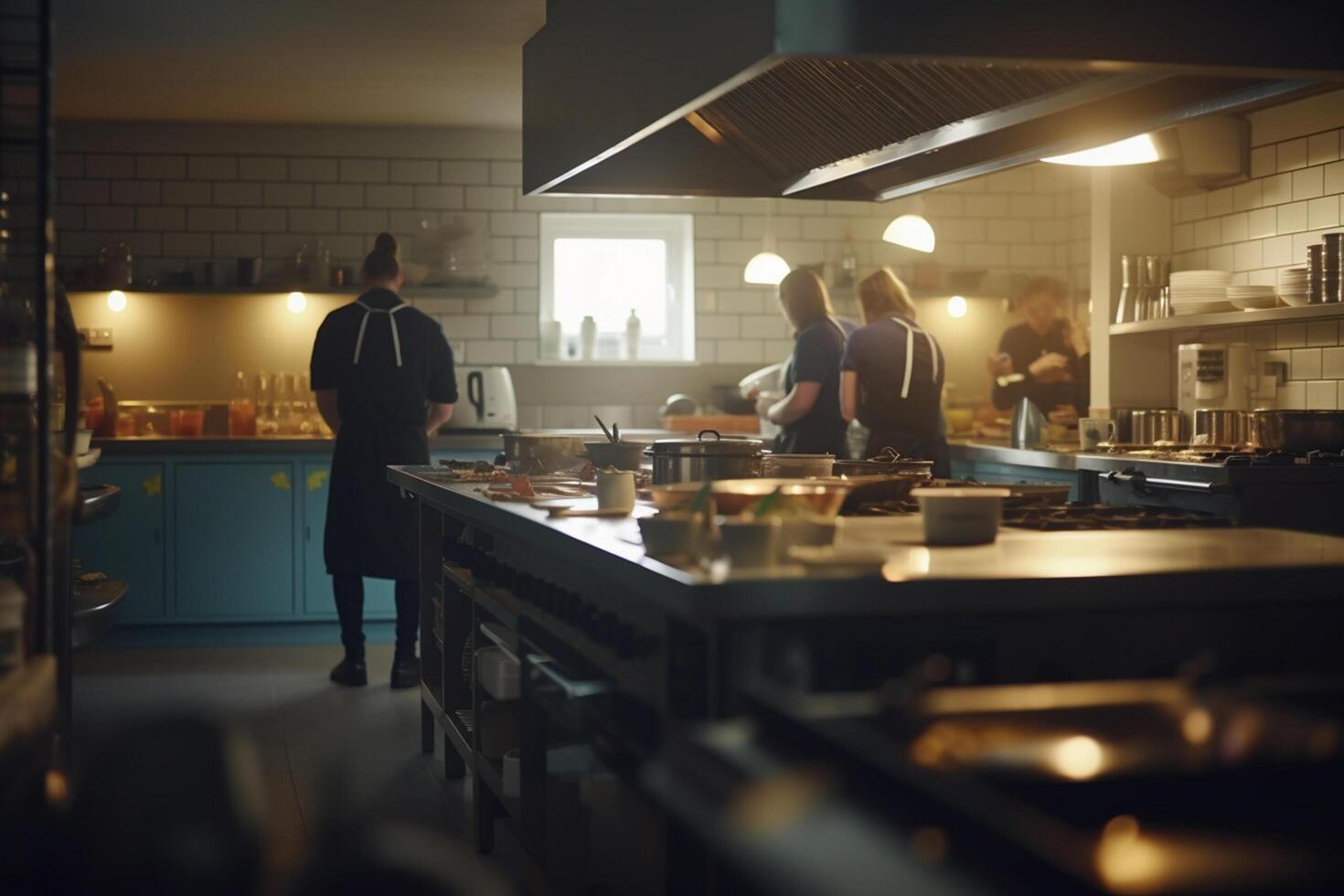 Bakom de scener upptagen kök personal framställning mat i restaurang eller hotell kök ai genererad foto