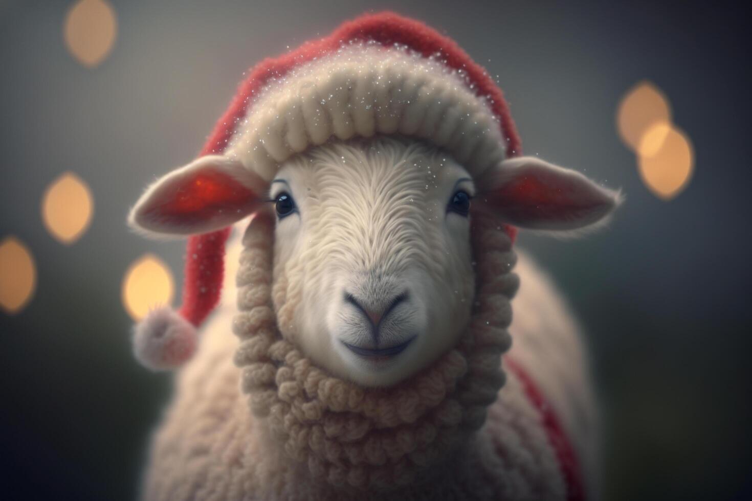 festligt dekorerad, förtjusande liten får med santa hatt i en jul scen ai genererad foto