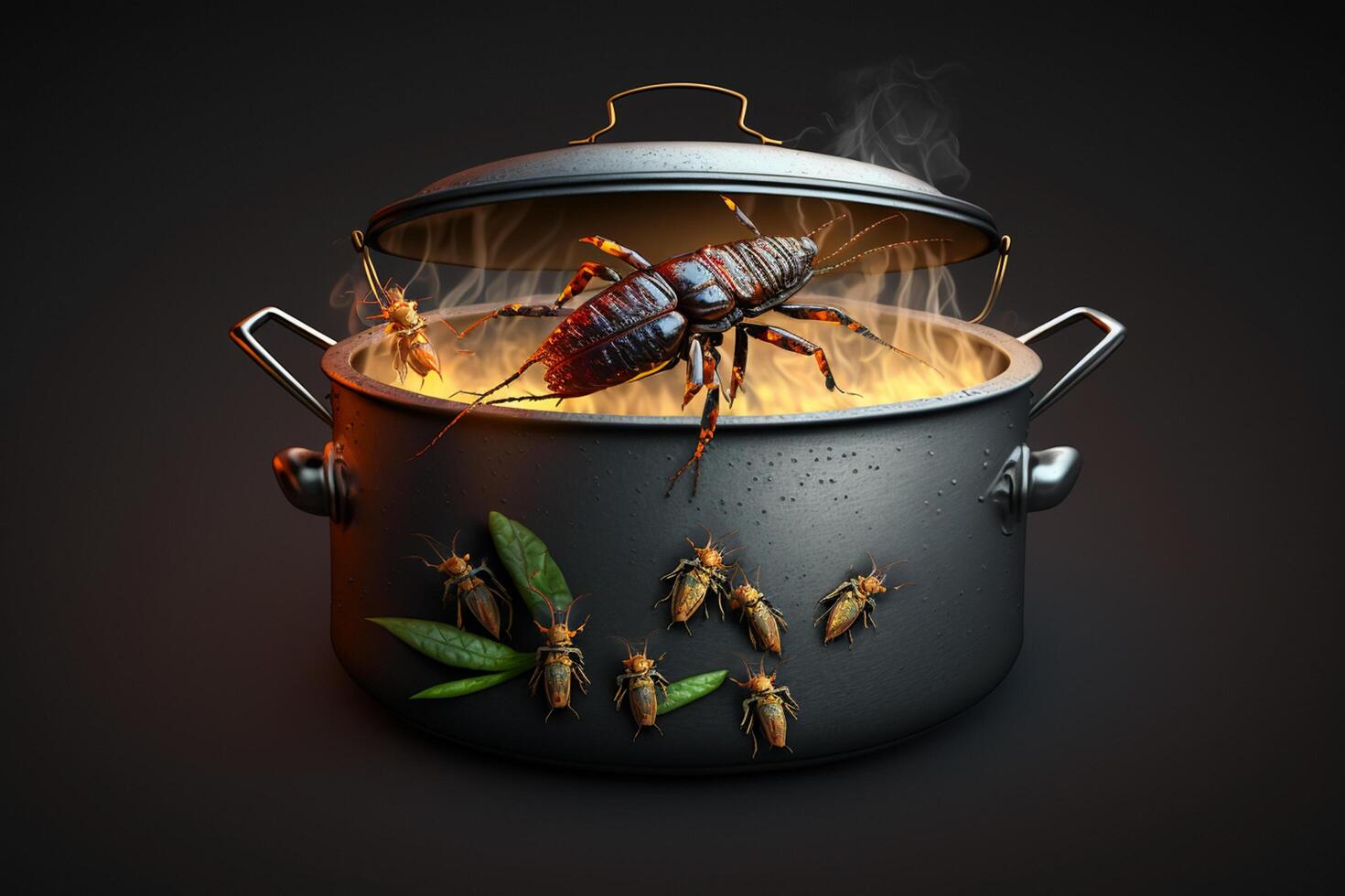 äcklig insekter är krypande på en matlagning pott ai genererad foto