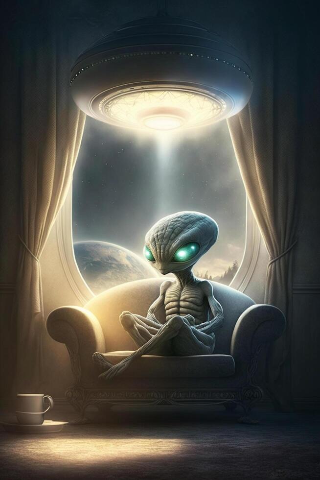 utomjording sitter på en soffa och frossa med en flytande UFO ai genererad innehåll foto