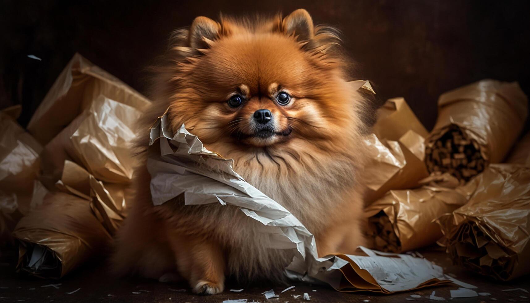 söt pomeranian hund omgiven förbi skrynkliga gåva omslag papper ai genererad foto