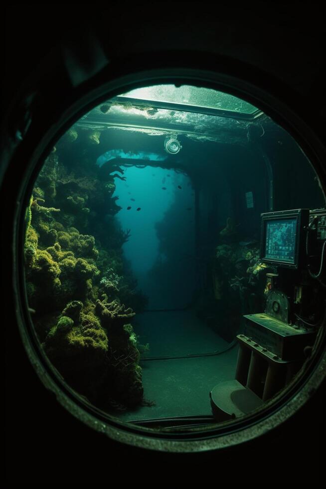 nedsänkt se från u-båt kontrollera kapsel av de under vattnet hav ai genererad foto