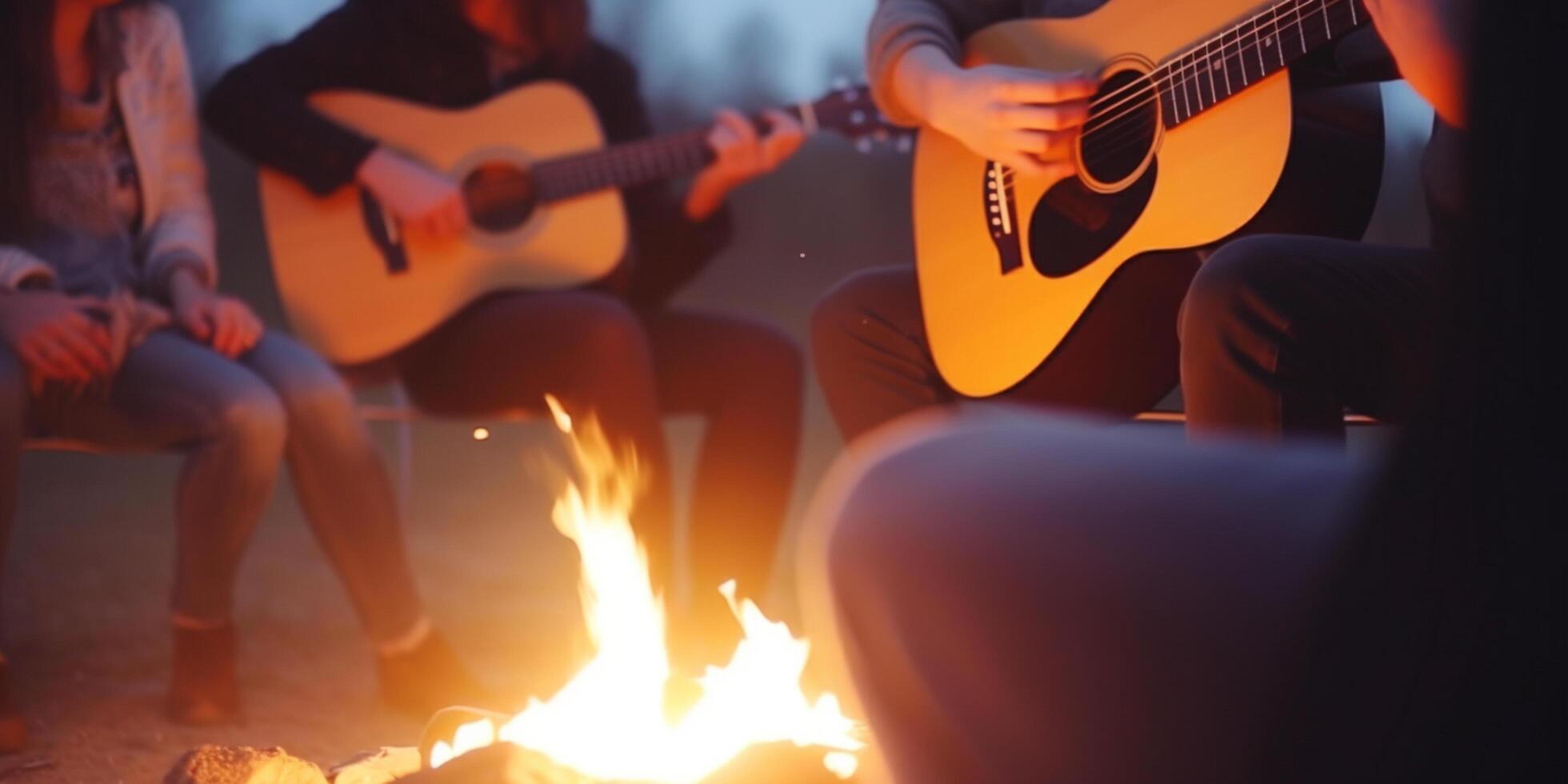 lägereld sylt session vänner spelar gitarr och sång förbi de brand ai genererad foto