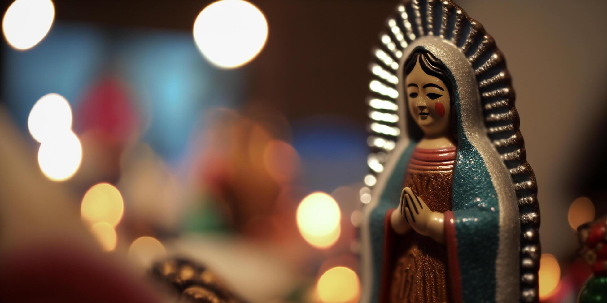 hängivenhet till de jungfrulig av guadalupe helig trä- figur för de mexikansk Semester ai genererad foto