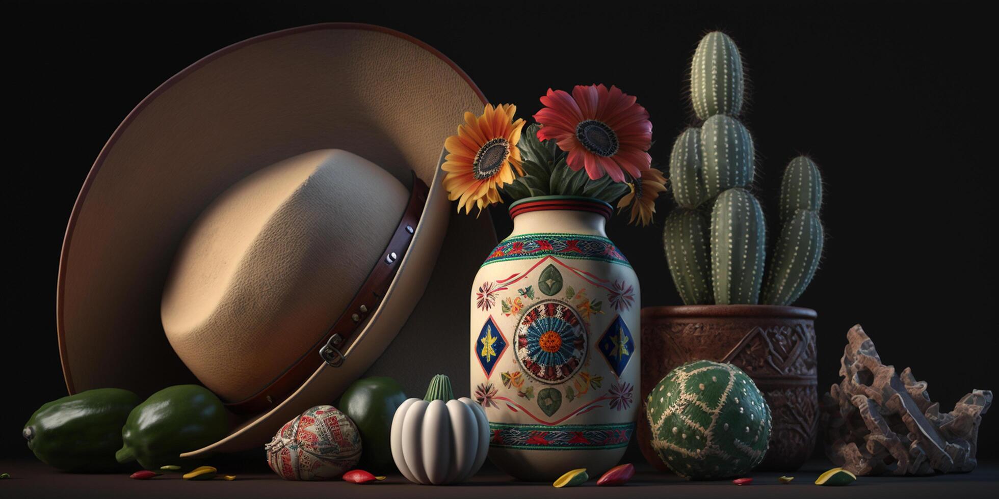 en cinco de mayo mexikansk fortfarande liv med bokeh, en mexikansk hatt och kaktusar ai genererad foto