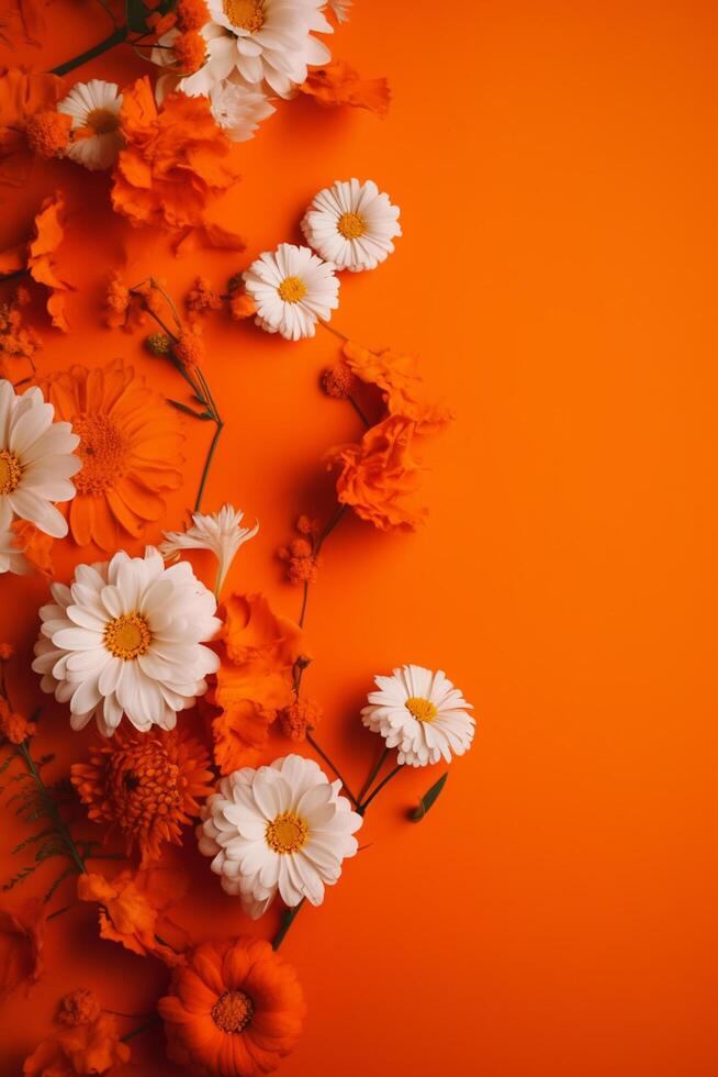 blommar i orange vit och orange blommor på ett orange bakgrund ai genererad foto