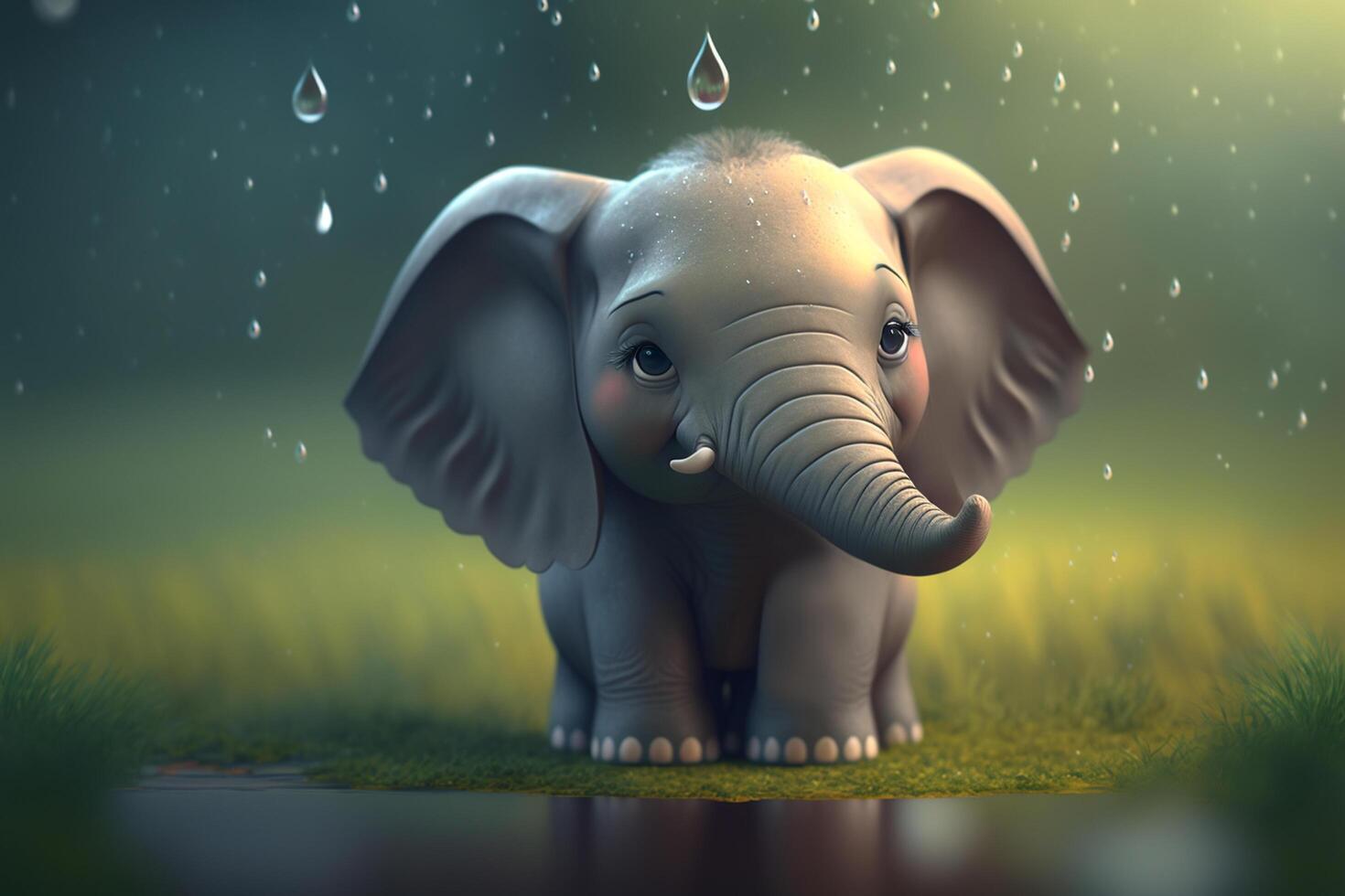 regnig dag roligt förtjusande liten elefant spelar i de regnstorm ai genererad foto