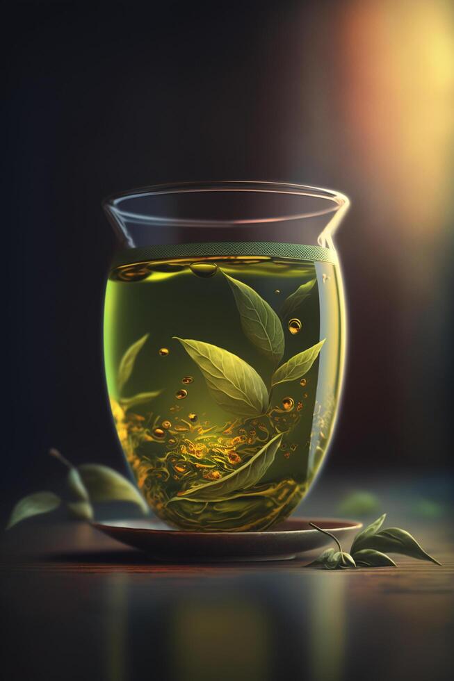 lugn atmosfär med en glas av grön te ai genererad foto