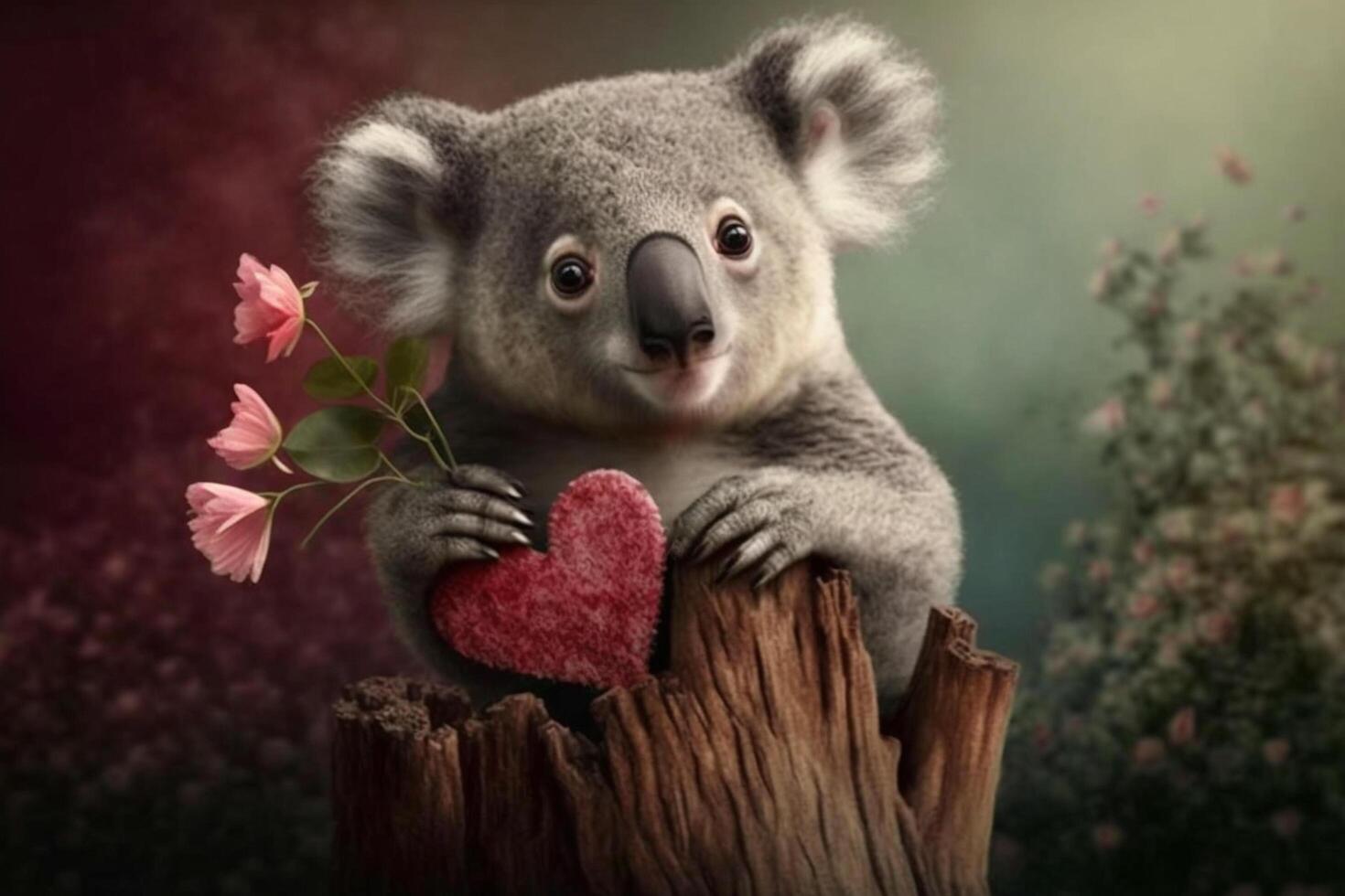 koala i kärlek med hjärta för hjärtans dag, mors dag eller bröllop årsdag ai genererad innehåll foto