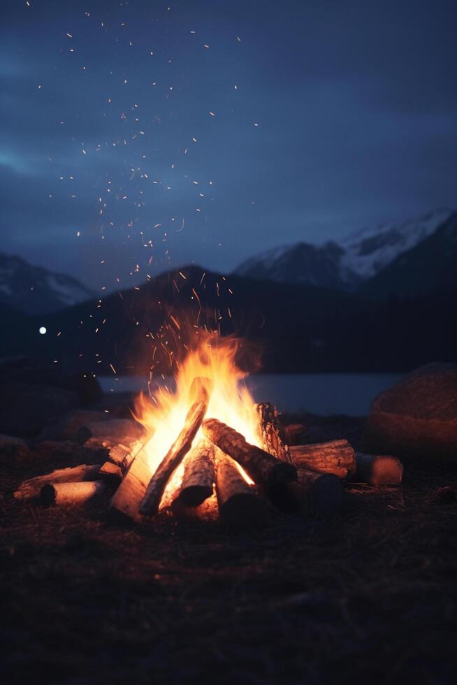 mysigt lägereld i de hjärta av de berg vildmark ai genererad foto