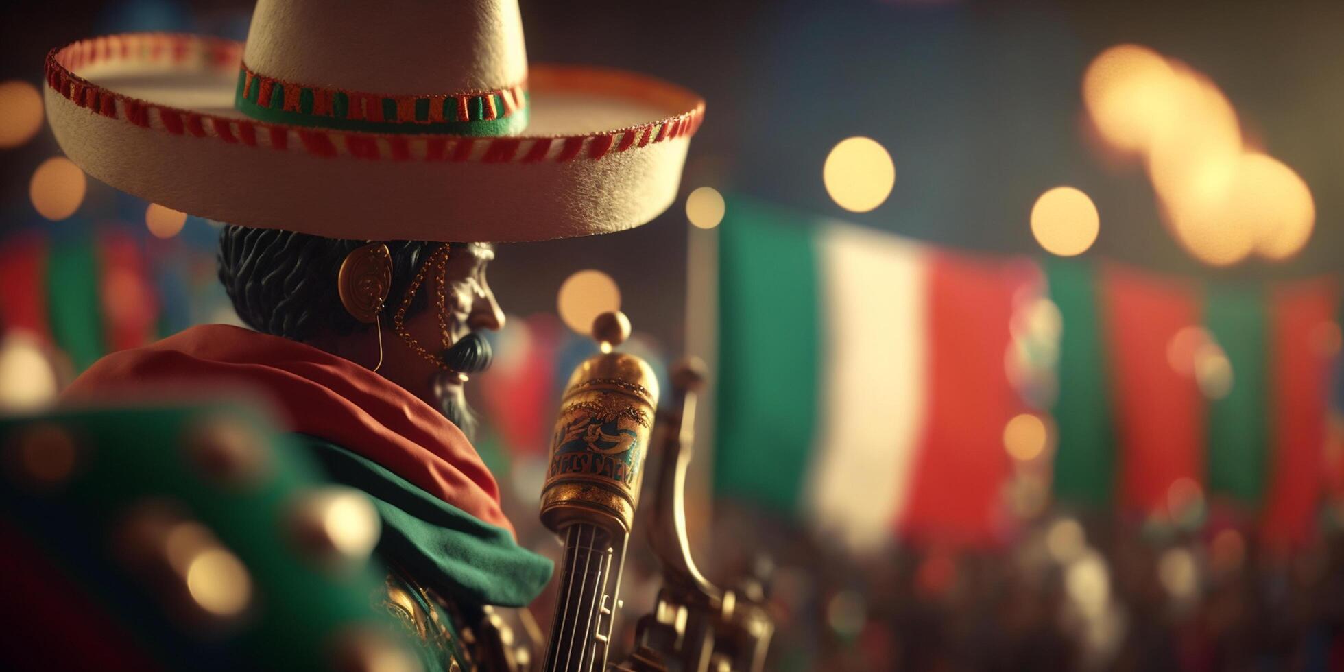 fira de kultur av mexico på cinco de mayo - trä- figur i traditionell Kläder i en festlig gata ai genererad foto