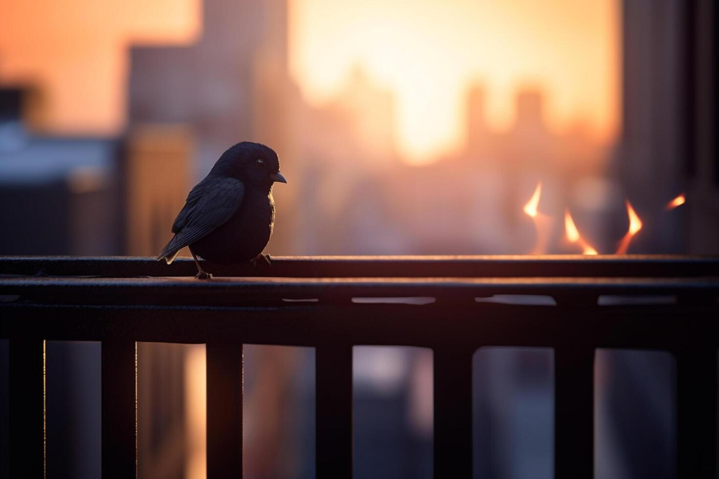 vild fågel uppflugen på stål räcke av brand fly, med urban horisont under solnedgång i bakgrund ai genererad foto