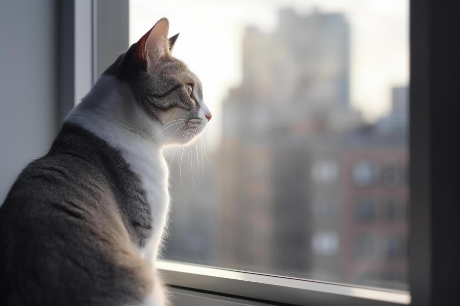 stad katt gazing ut fönster på skyskrapor ai genererad foto