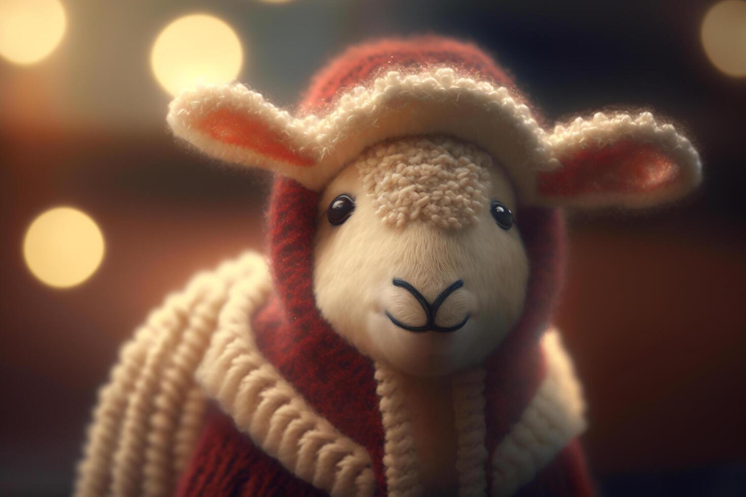 festligt dekorerad, förtjusande liten får med santa hatt i en jul scen ai genererad foto
