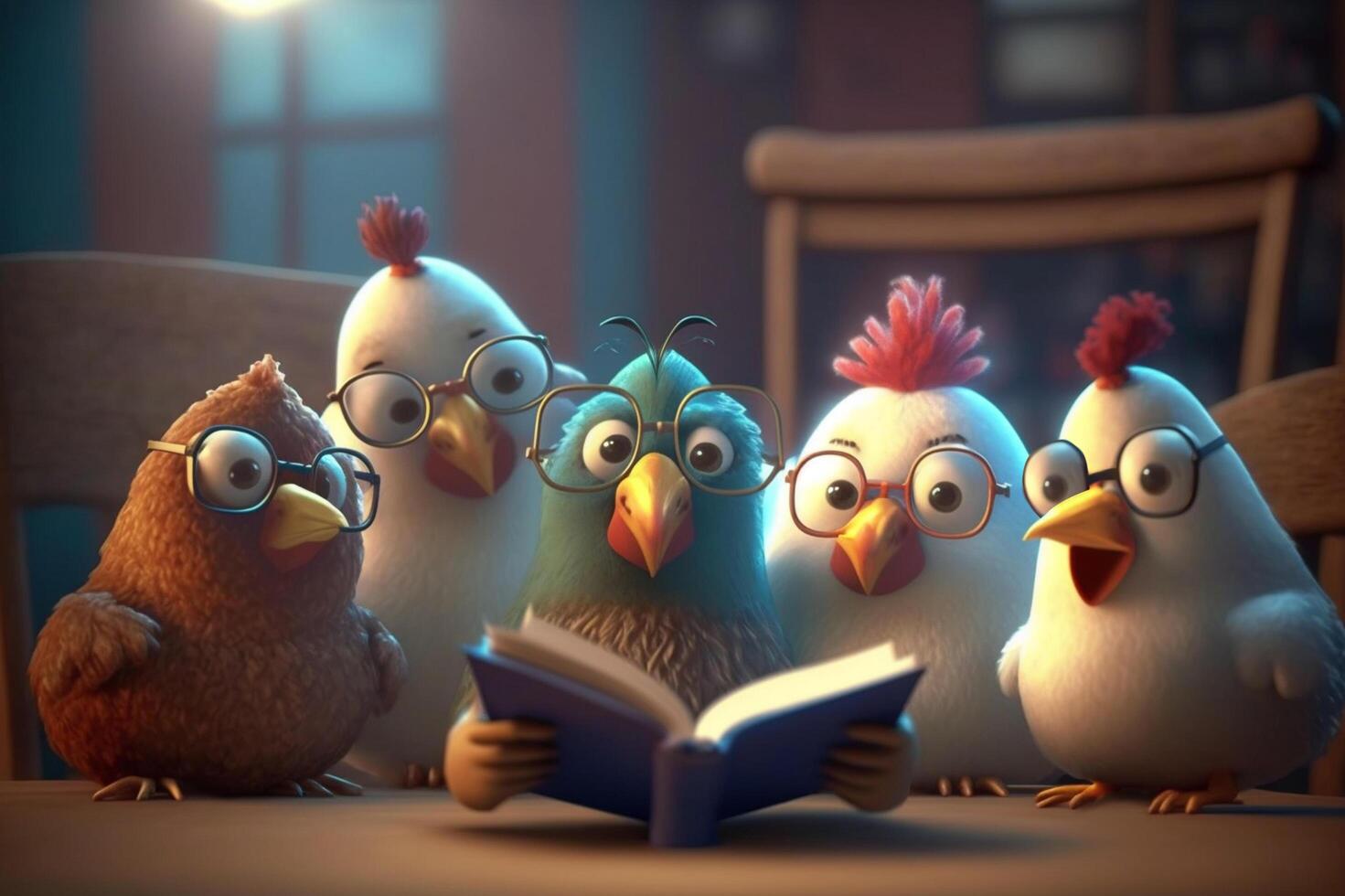 smart kycklingar med glasögon läsning en bok med intressera ai genererad foto