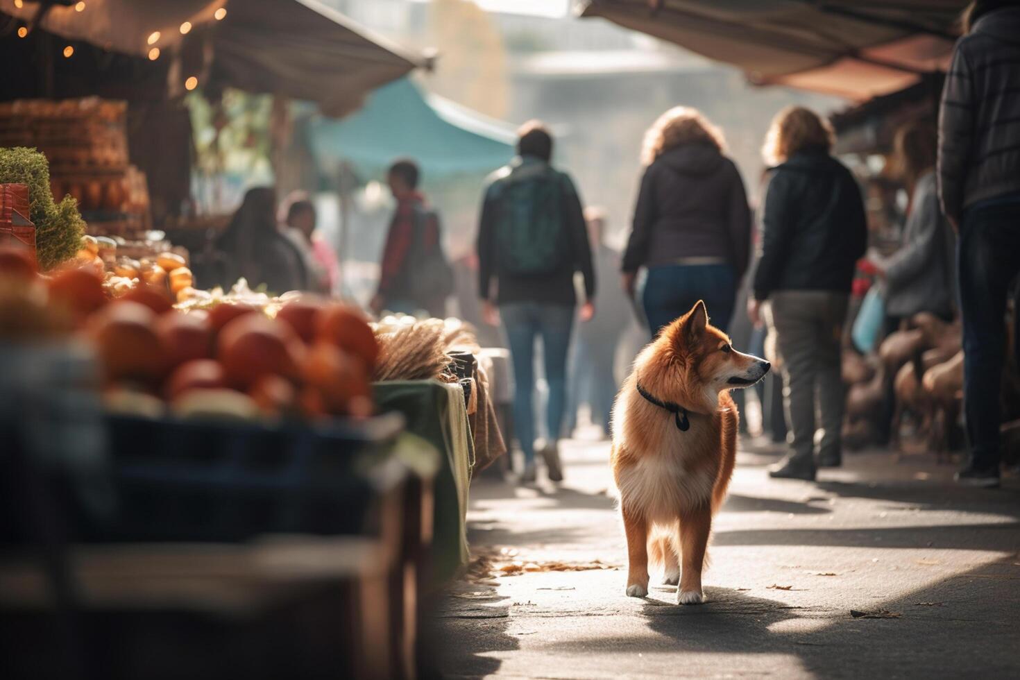 ensam hund på en upptagen marknadsföra sökande för dess ägare ai genererad foto