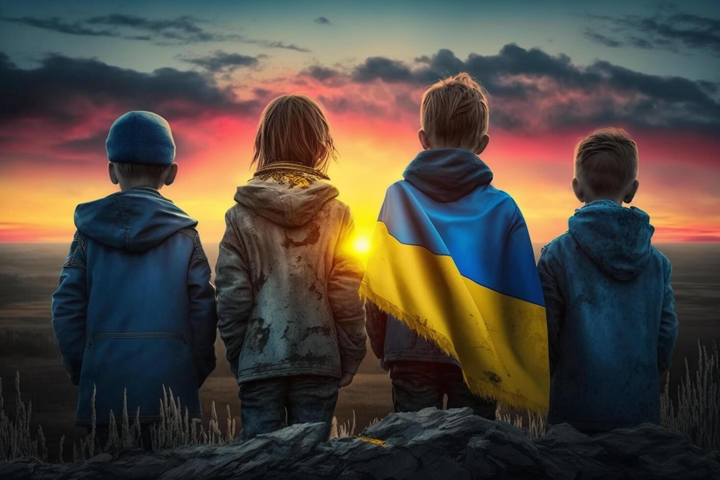 terminer av frihet barn med ukrainska flaggor gazing på solnedgång, en hoppfull symbol av en ljusare i morgon ai genererad foto