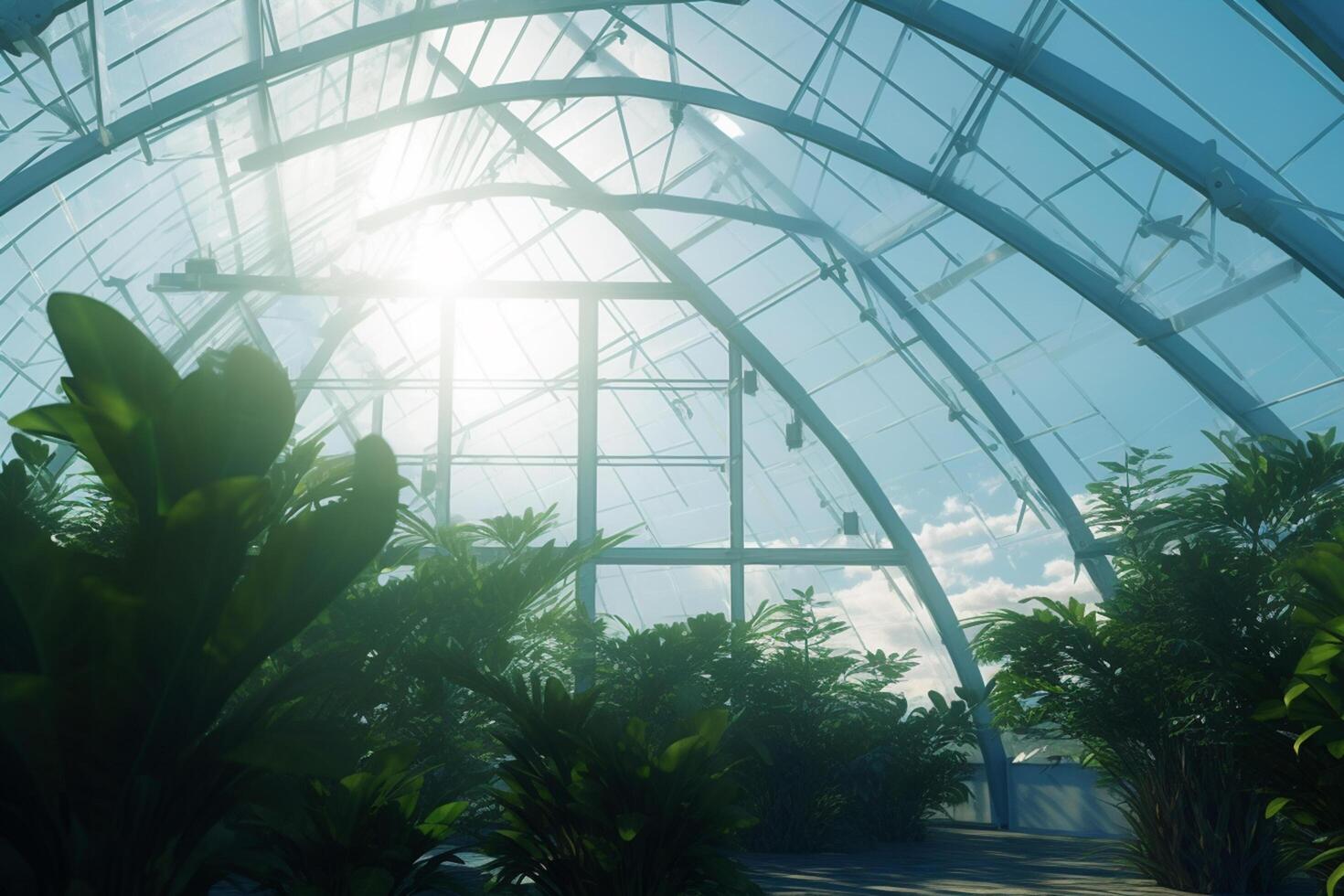 oas av de framtida en lysande växthus under en blå himmel ai genererad foto