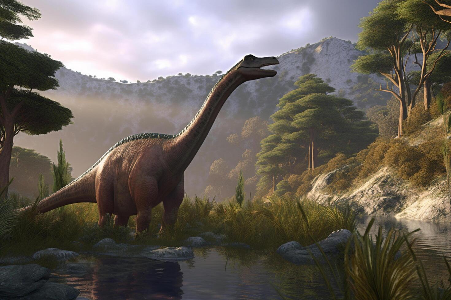 glimtar av de över realistisk illustration av en platosaurus roaming en ren förhistorisk landskap ai genererad foto