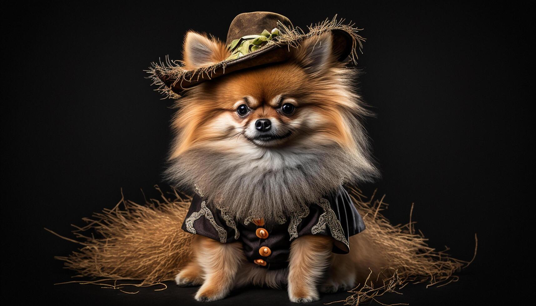 söt pomeranian hund klädd som en häxa för halloween ai genererad foto