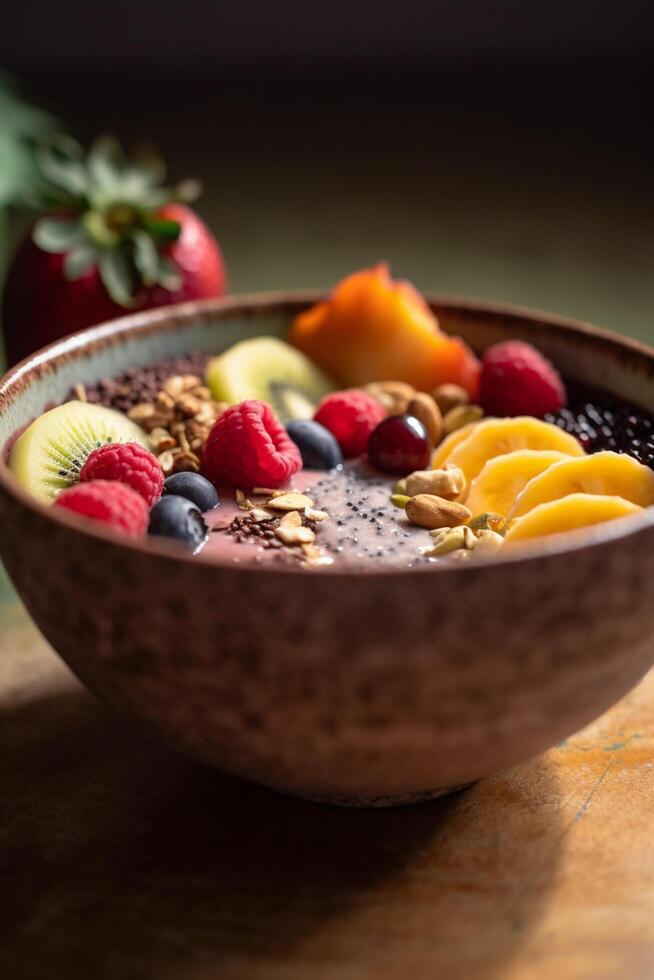 färgrik frukt och granola skål i en trä- skål ai genererad foto