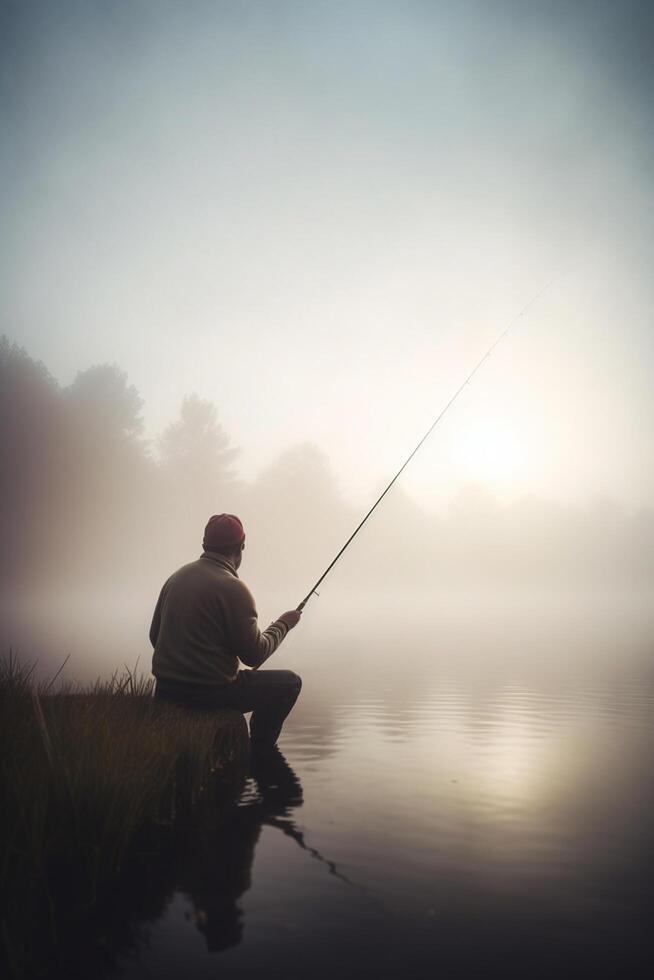 fiske på gryning fiskare i de dimmig sjö med fiske stång ai genererad foto