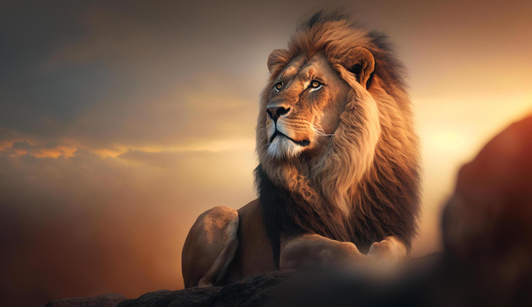 majestätisk lejon tittar på de solnedgång från en kulle i de öken- ai genererad foto