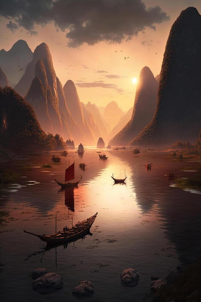 flod serenad majestätisk kinesisk landskap med solnedgång glöd, båtar, och bergen ai genererad foto