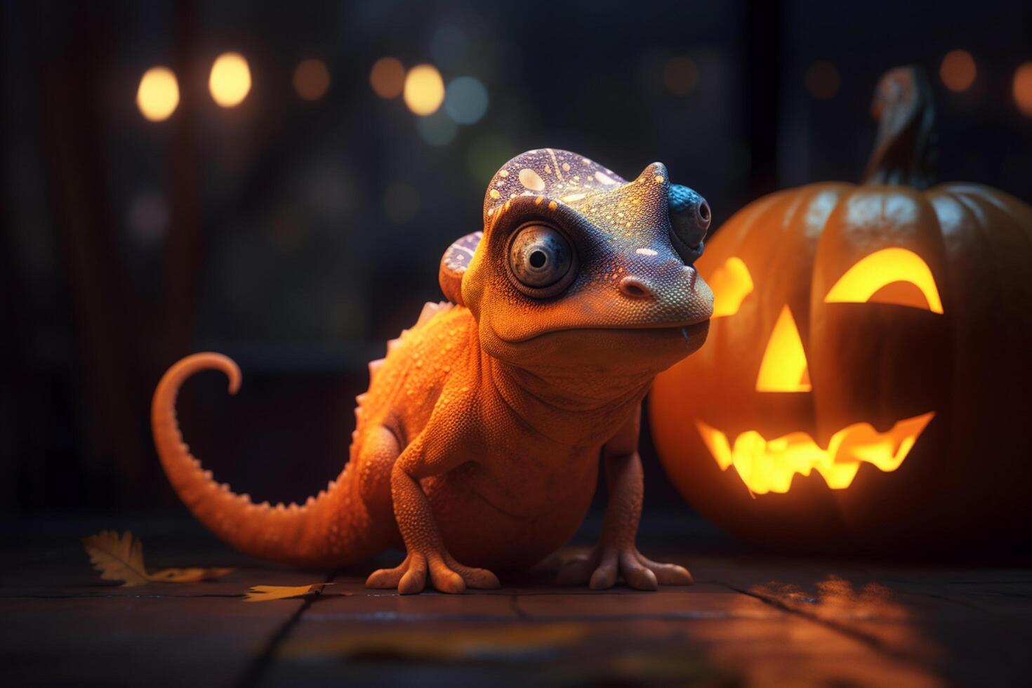 läskigt roligt en färgrik kameleont med en halloween pumpa ai genererad foto