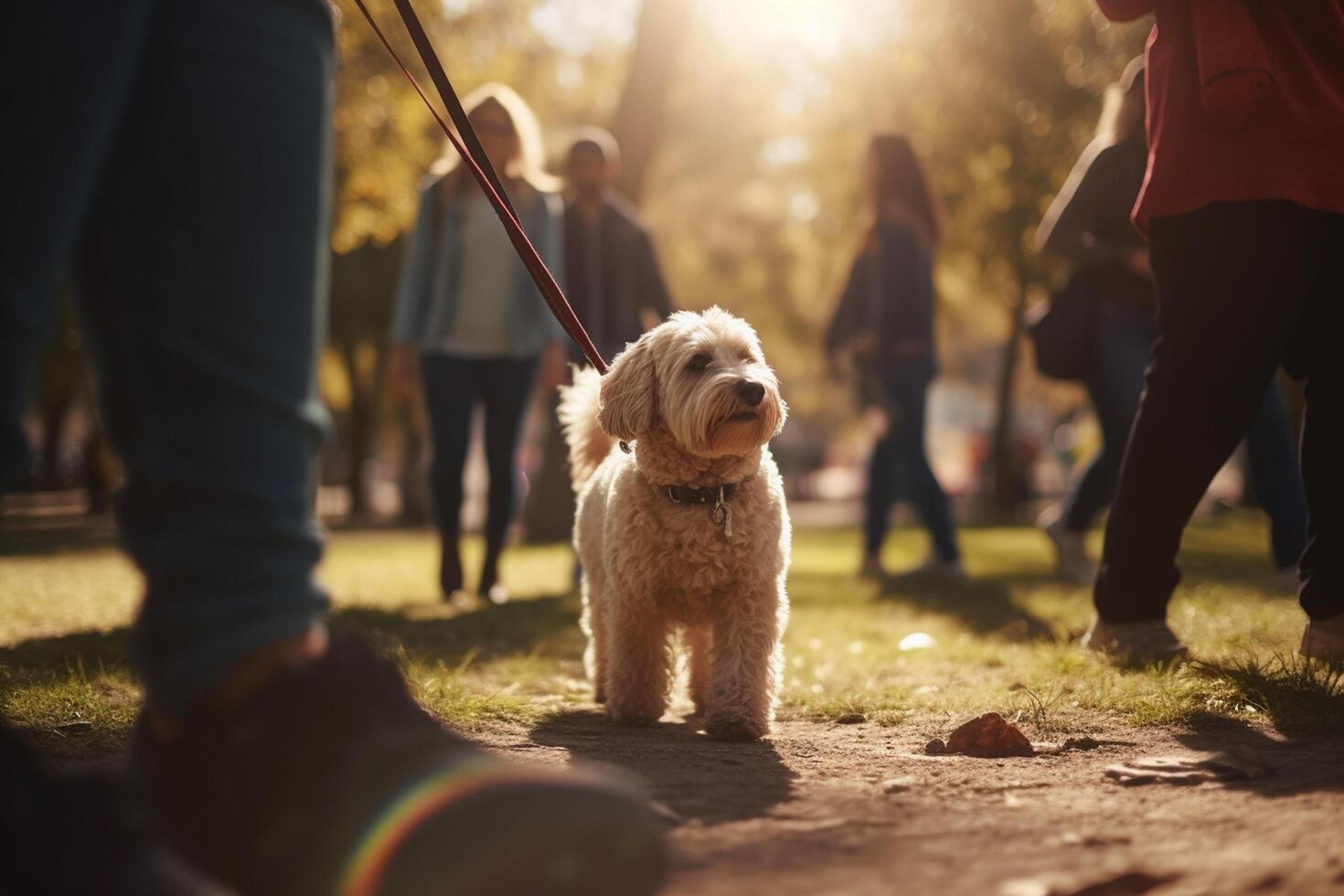 en solig dag promenad i de parkera med mannens bäst vän ai genererad foto