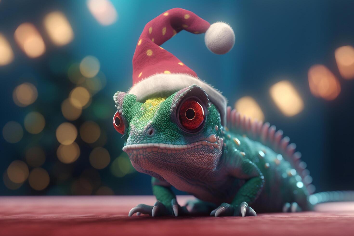 festlig kameleont en fotorealistisk tecknad serie reptil med en santa hatt ai genererad foto