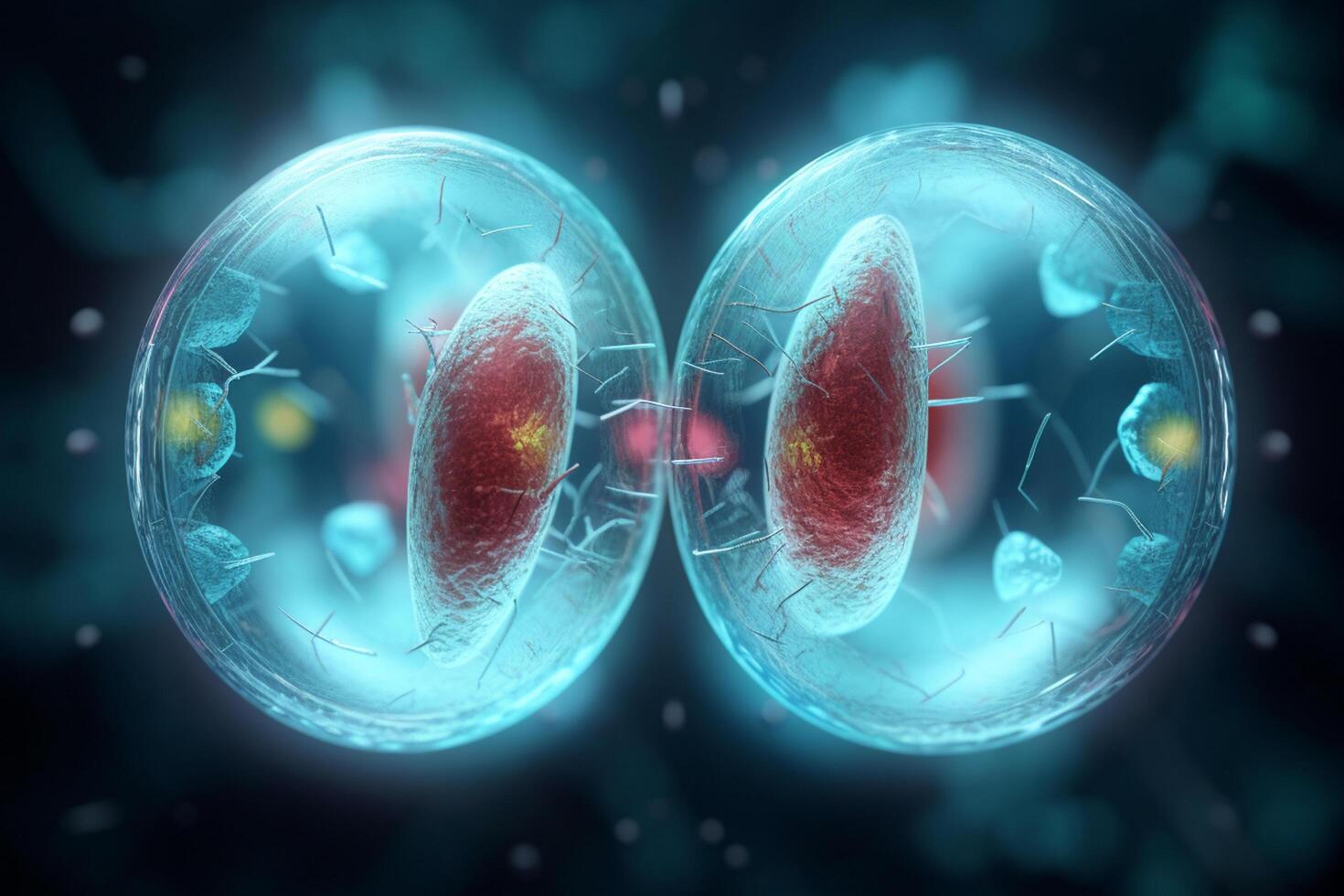 färgrik 3d illustration av mikroskopisk cell division ai genererad foto