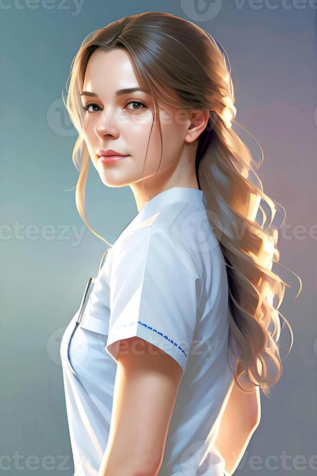 porträtt av en skön ung sjuksköterska. sjukvård. generativ ai. foto