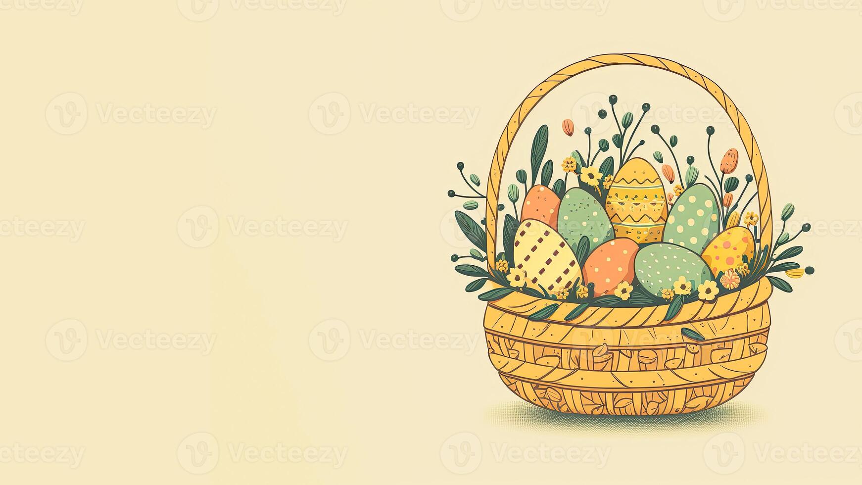 skvaller stil påsk ägg inuti blommig korg mot pastell gul bakgrund och kopia Plats. Lycklig påsk dag begrepp. foto
