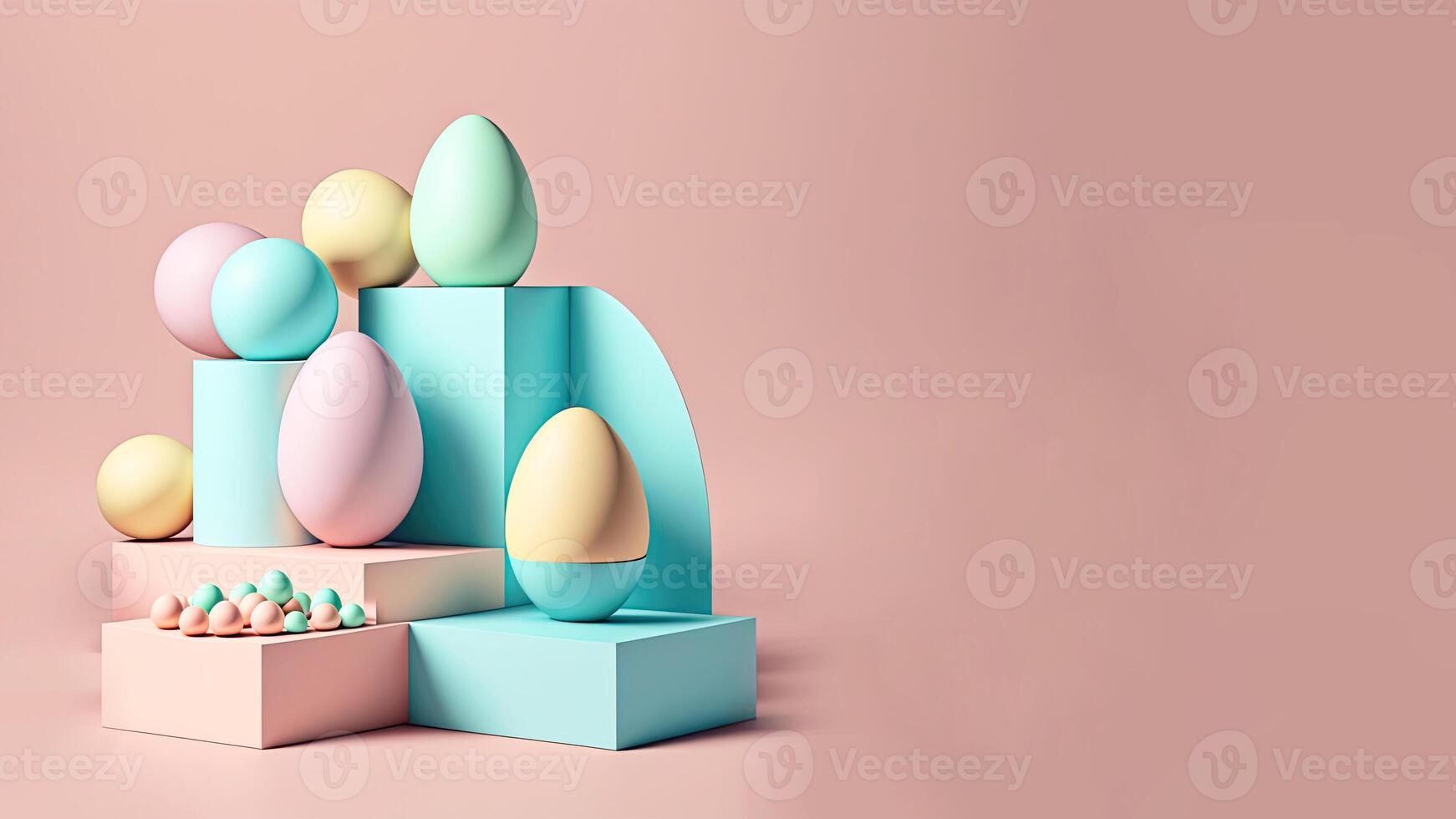 3d framställa av mjuk Färg ägg med gometrisk former o podium och kopia Plats. Lycklig påsk dag begrepp. foto