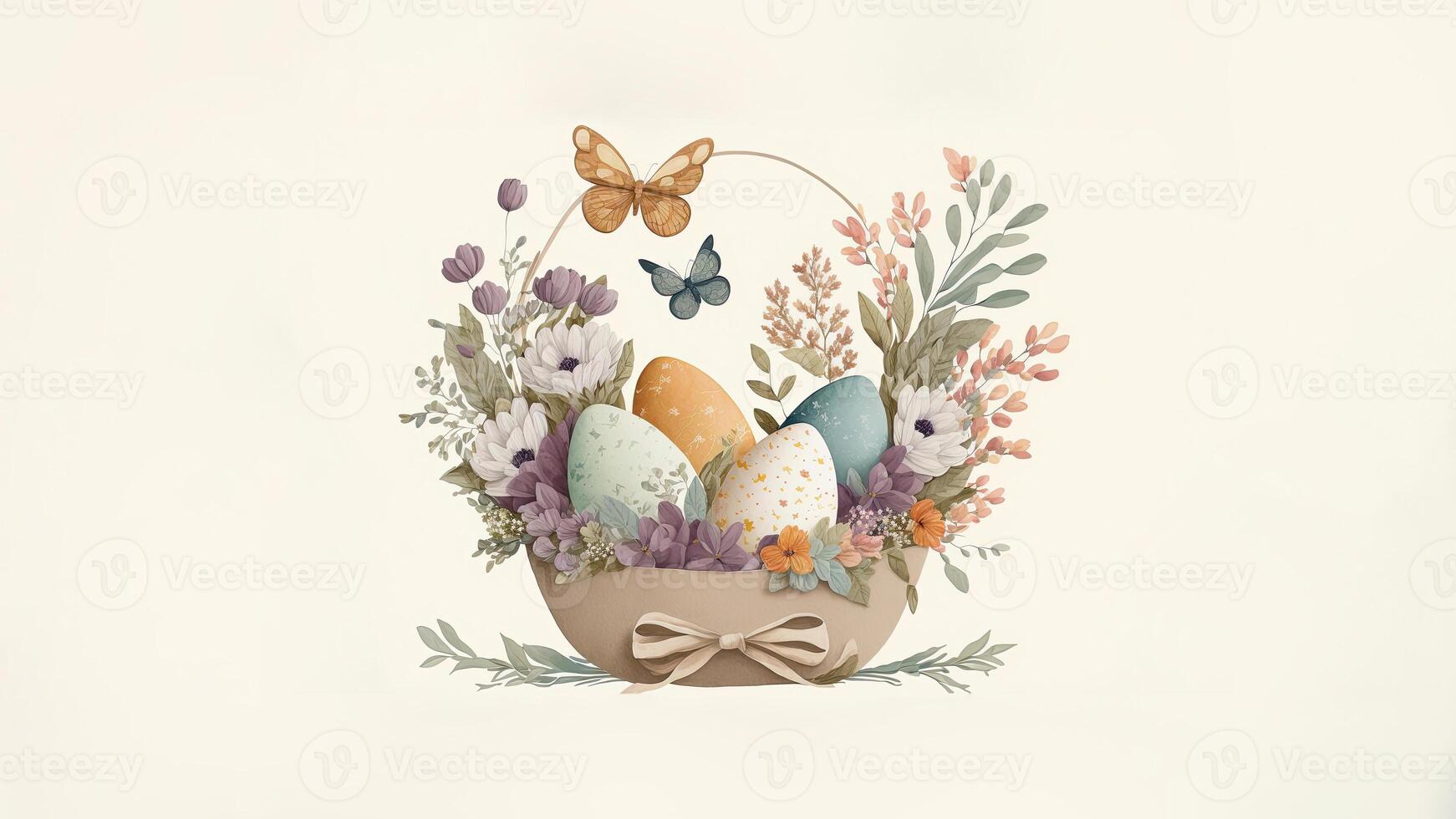 illustration av blommig ägg korg med fjäril karaktär och kopia Plats. Lycklig påsk dag begrepp. foto