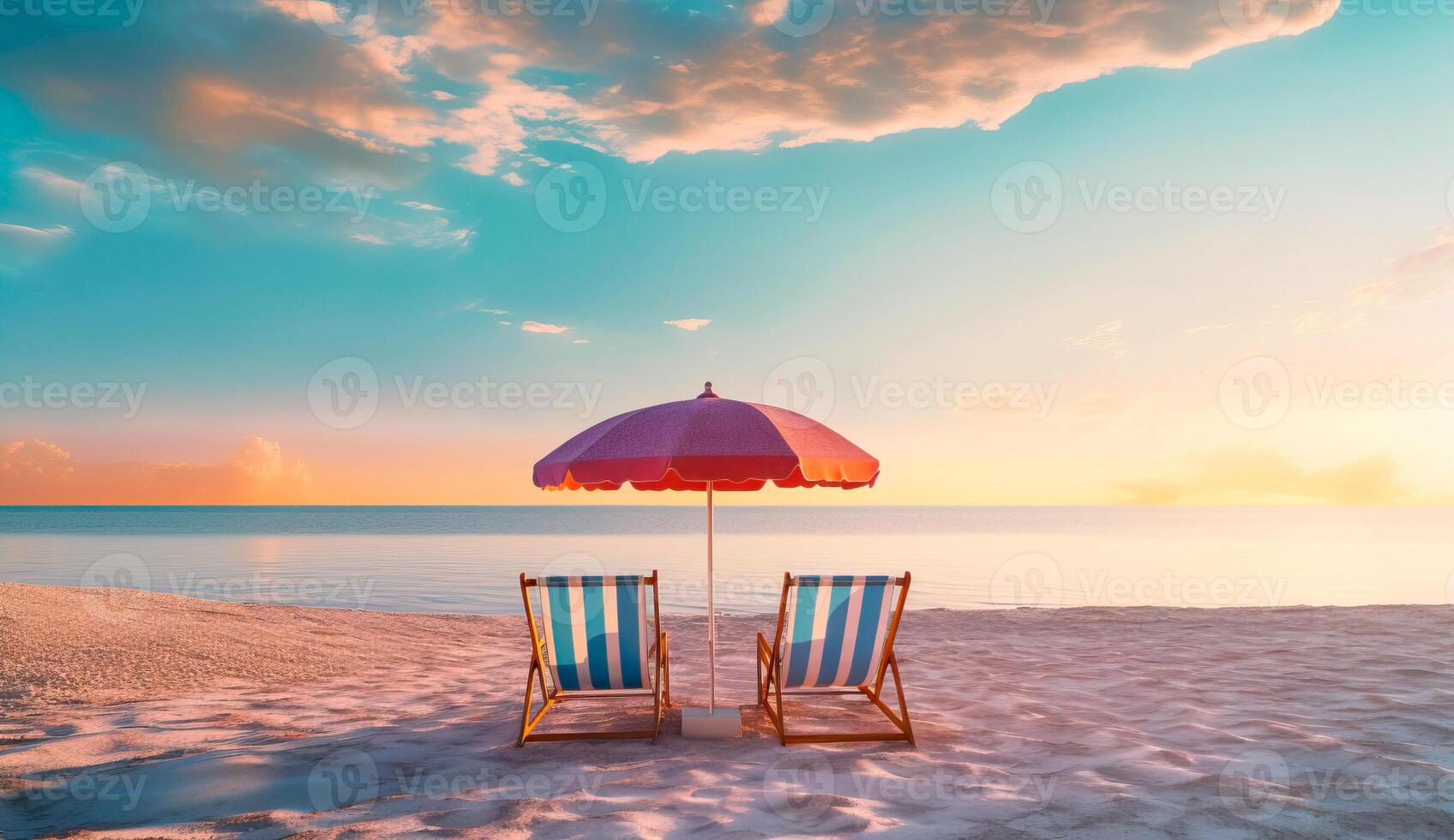 lugn solnedgång landskap av en par Sol säng solstolar och paraply. lyx semester resa strand begrepp. ai genererad foto