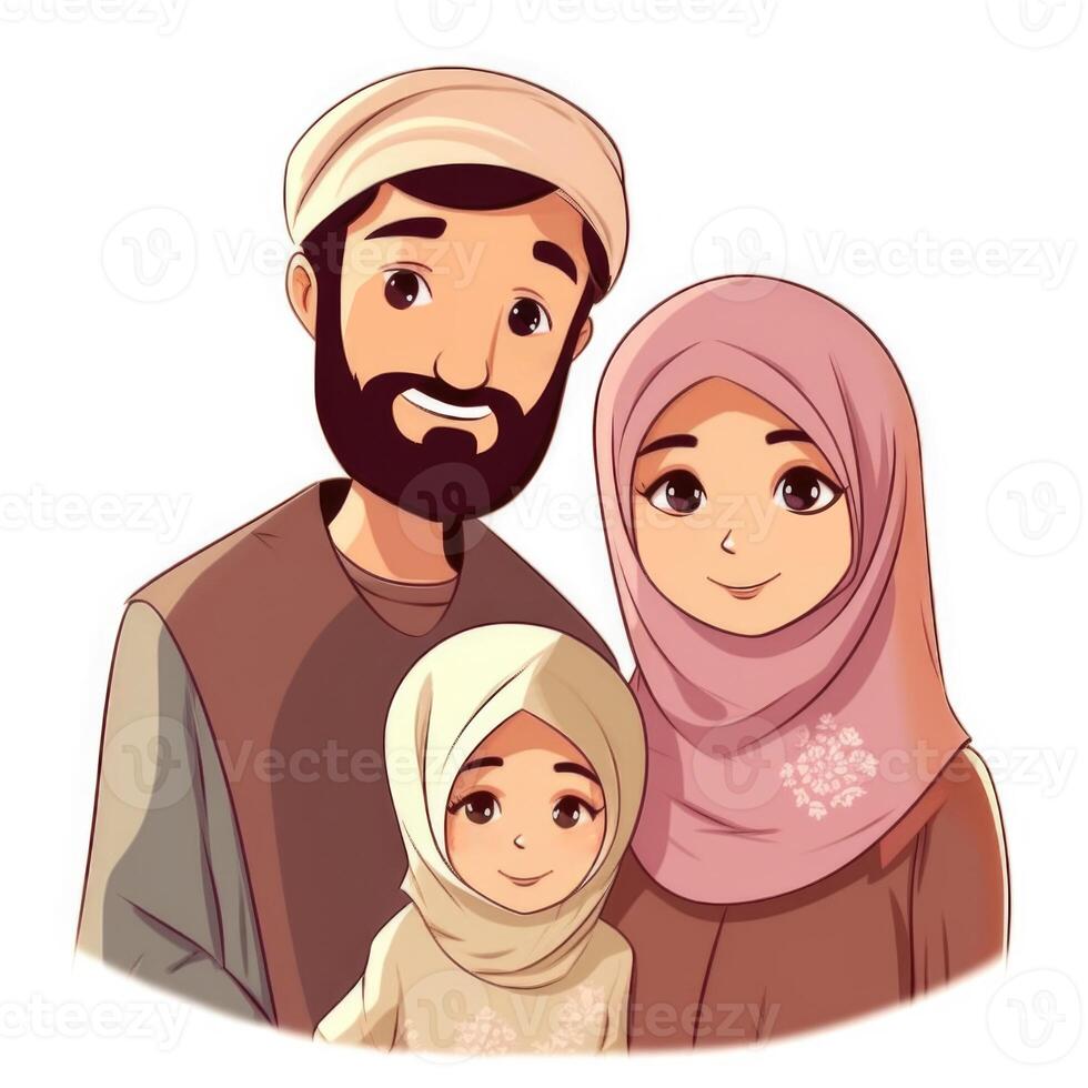 förtjusande tecknad serie avatar av smiley muslim familj tillsammans, eid mubarak begrepp. generativ ai foto