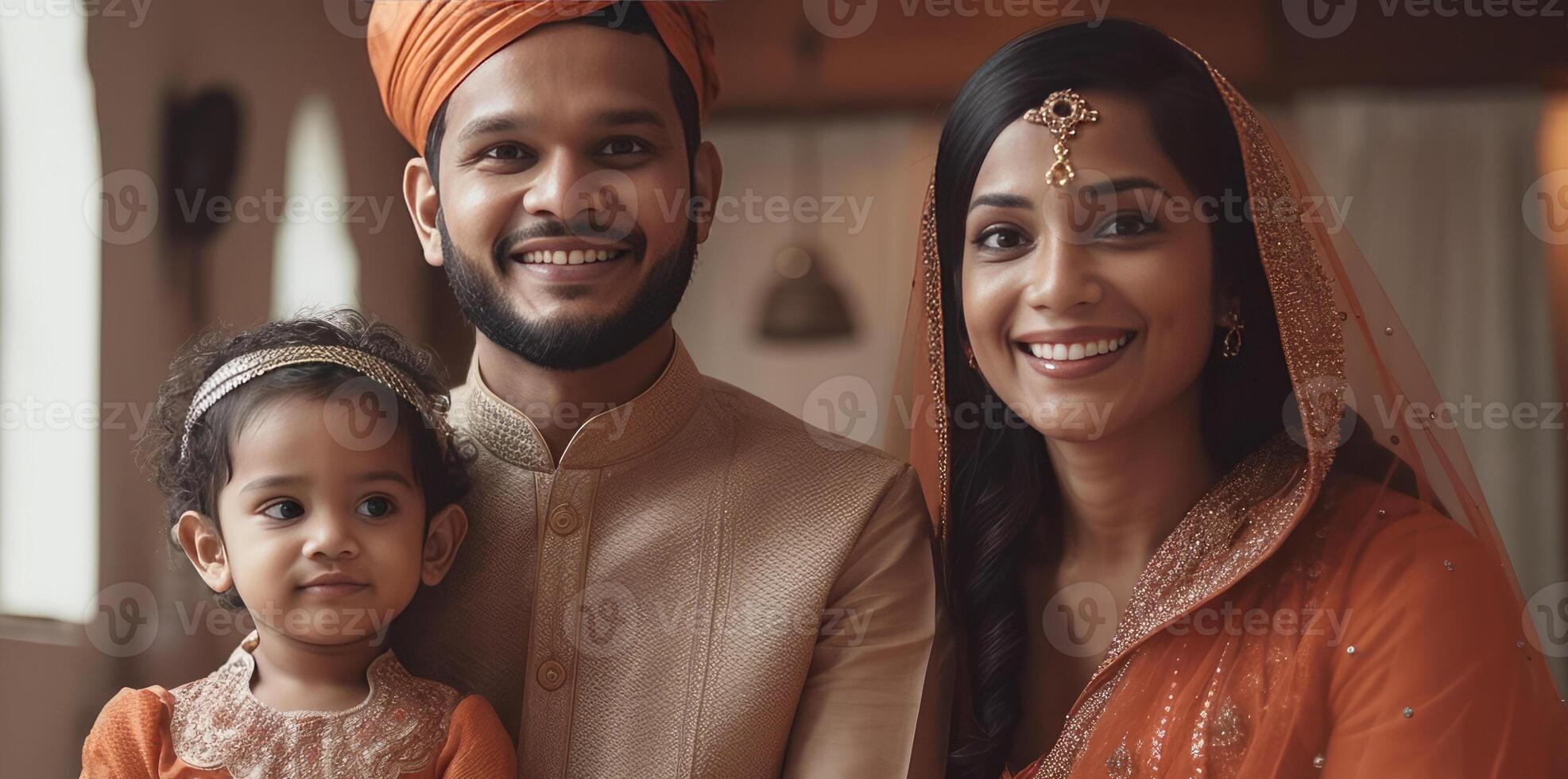 realistisk porträtt av glad muslim familj bär traditionell klädsel under eid firande, generativ ai. foto