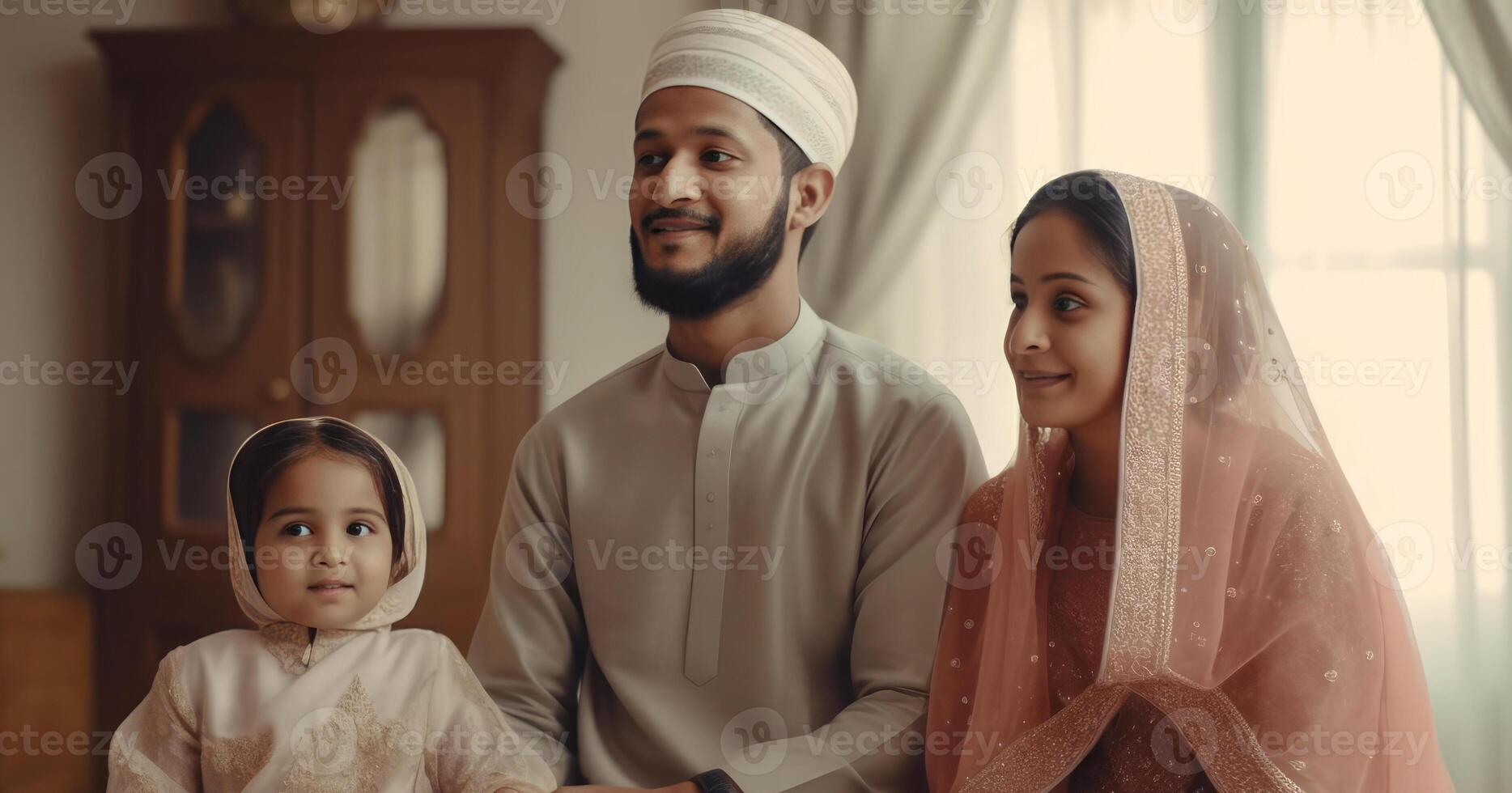 realistisk porträtt av smiley muslim familj bär traditionell klädsel under eid firande, generativ ai. foto