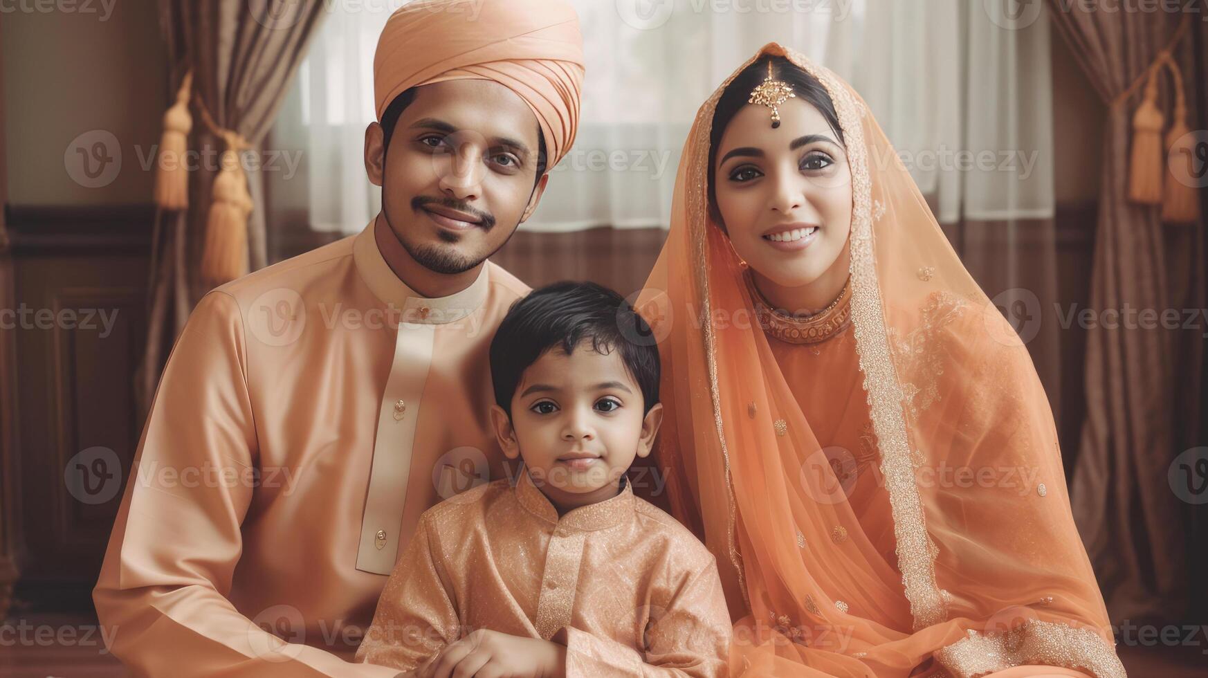 närbild av smiley muslim familj bär traditionell klädsel under eid firande, generativ ai. foto