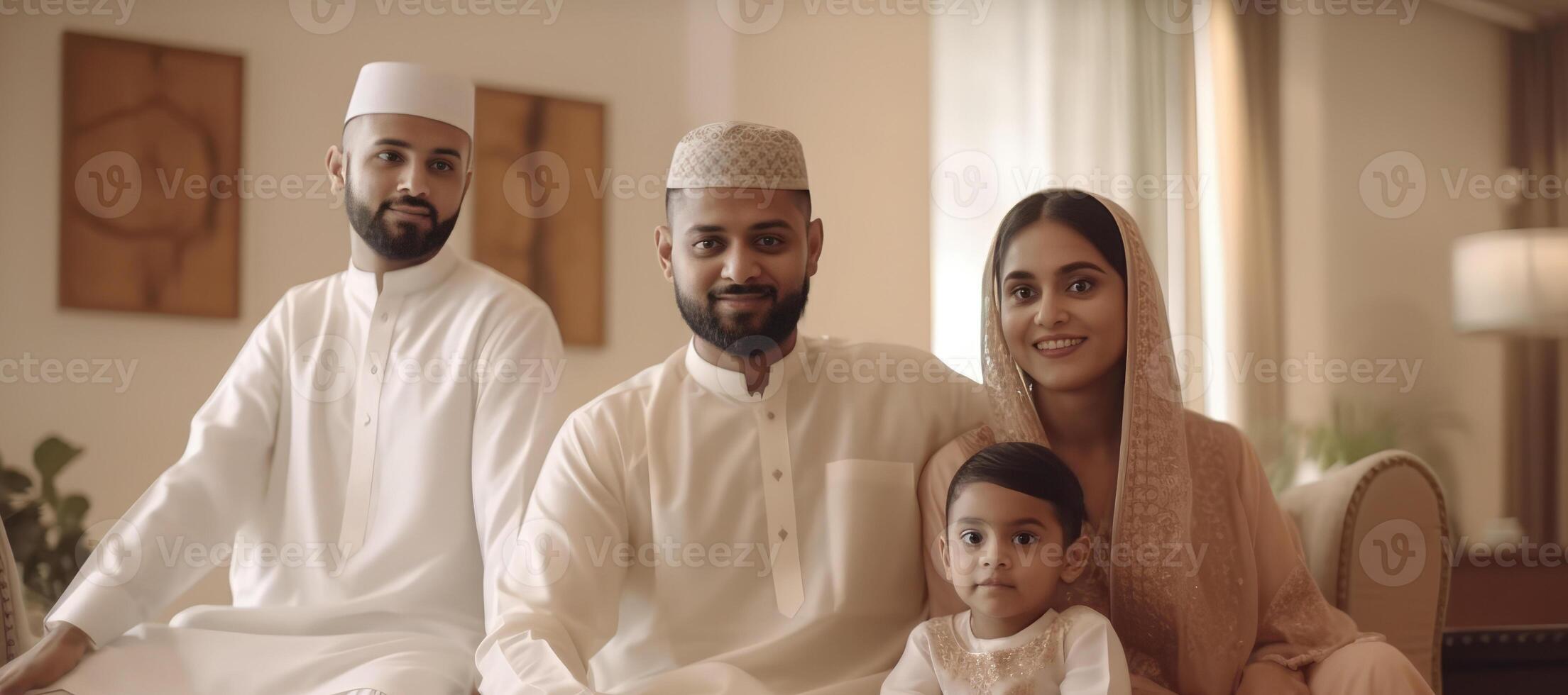 realistisk närbild porträtt av muslim familj bär traditionell klädsel under eid firande, generativ ai. foto