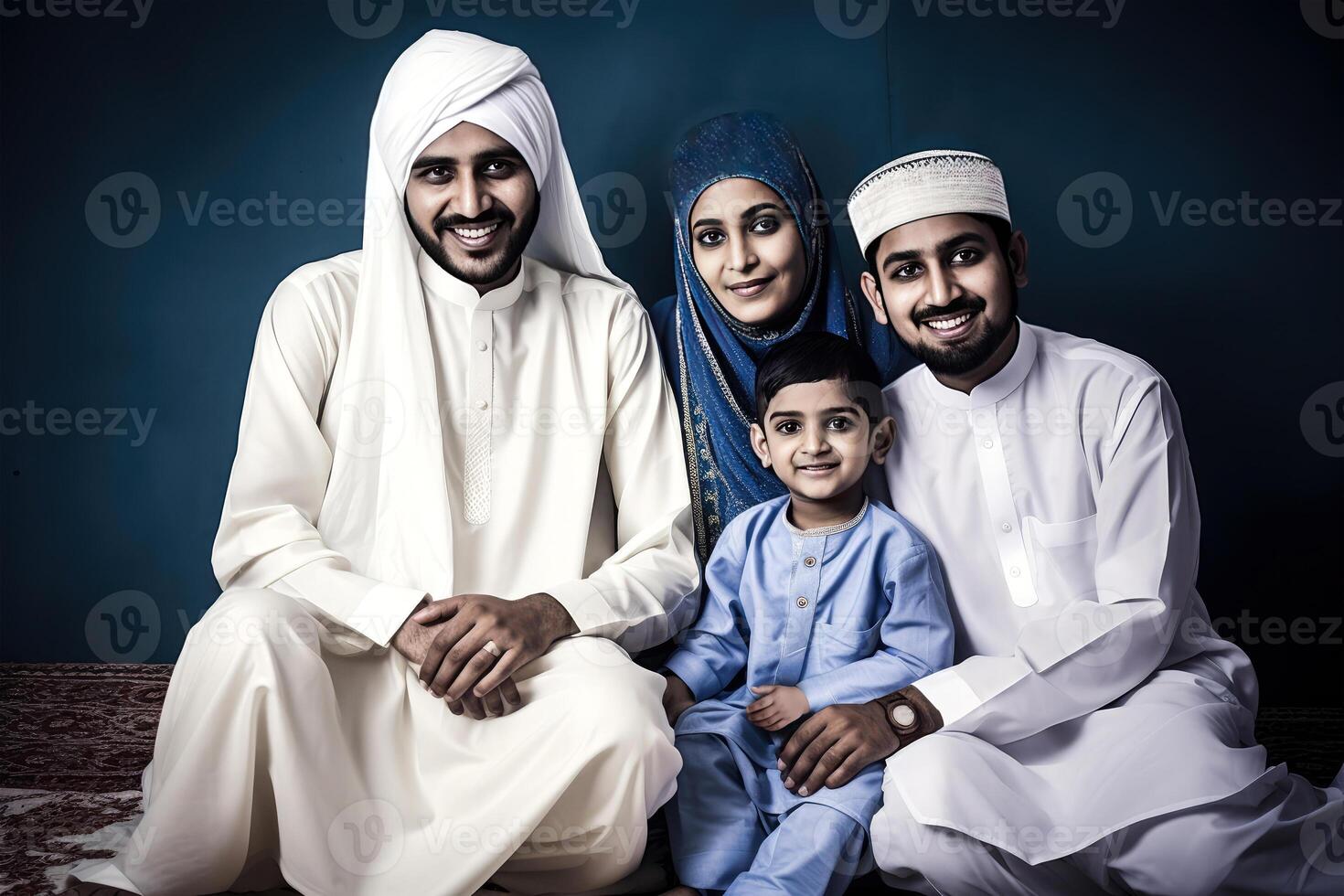 realistisk porträtt av smiley arab familj bär traditionell klädsel under eid firande, generativ ai. foto
