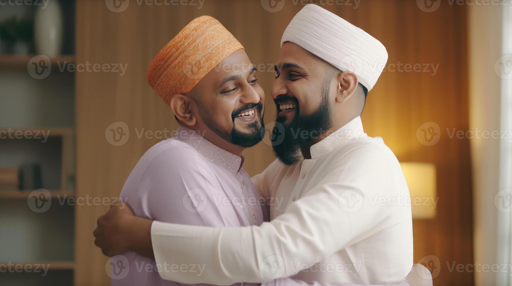 Lycklig två muslim män bär skalle keps och traditionell kurta i kramas utgör under eid firande. generativ ai. foto
