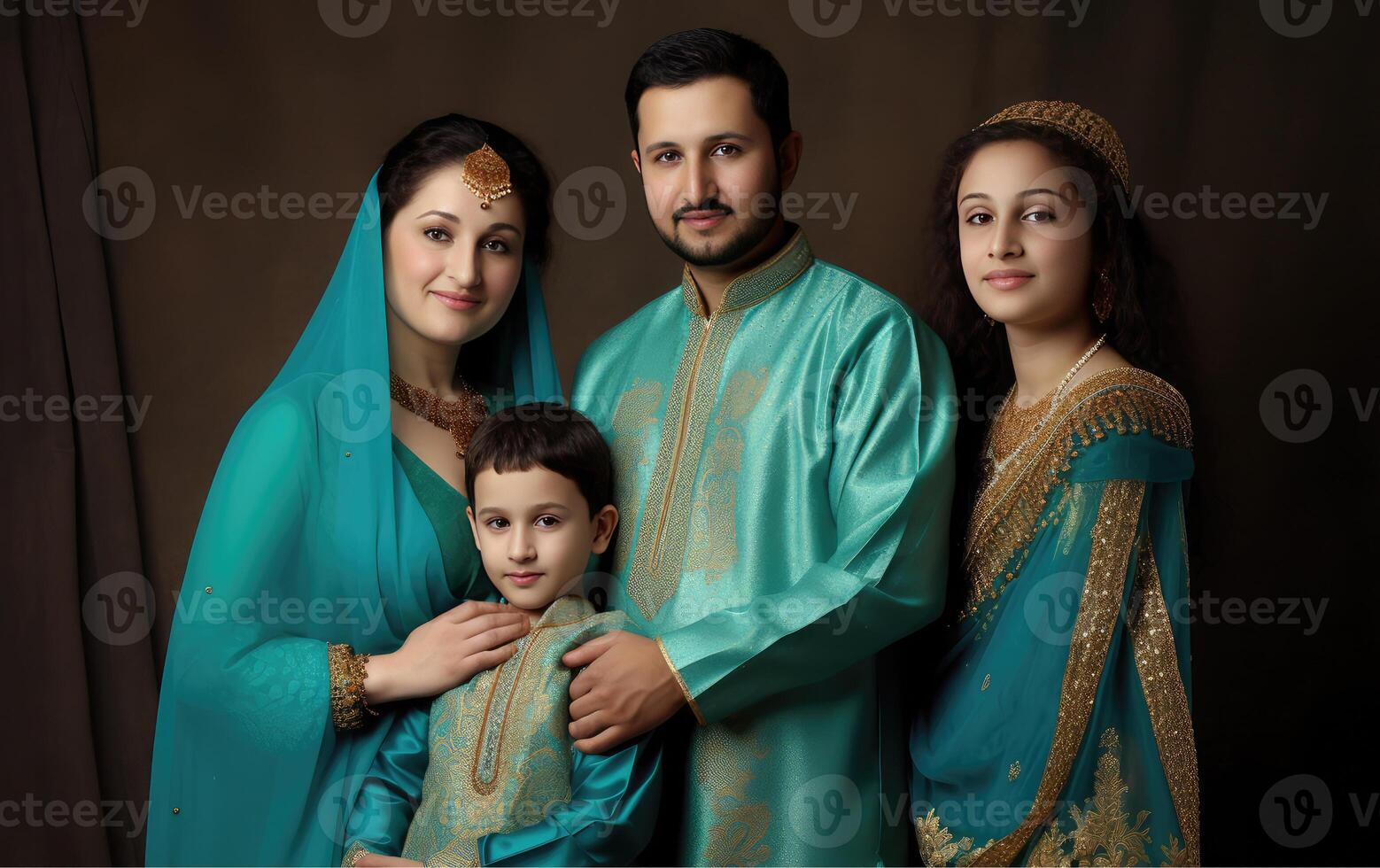 indisk muslim familj bär traditionell klädsel i turkos och gyllene Färg under eid firande, generativ ai. foto