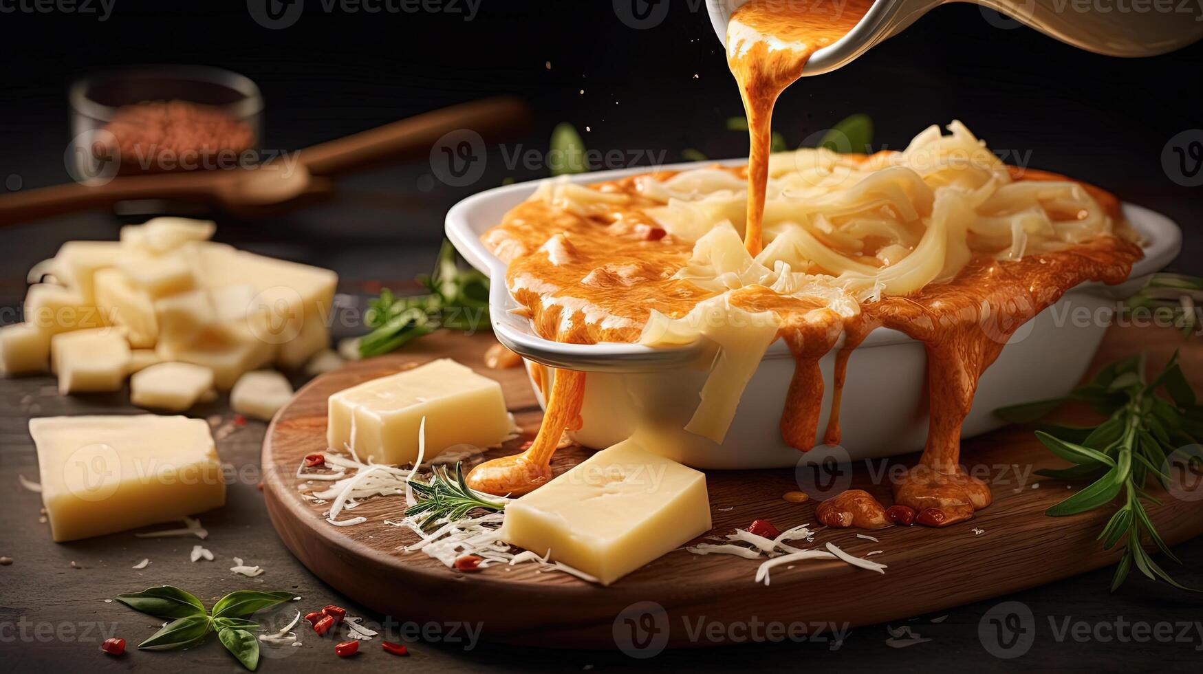 matlagning studio skott av ost ost eftergiven blandning på trä- tabell. generaiv ai. foto