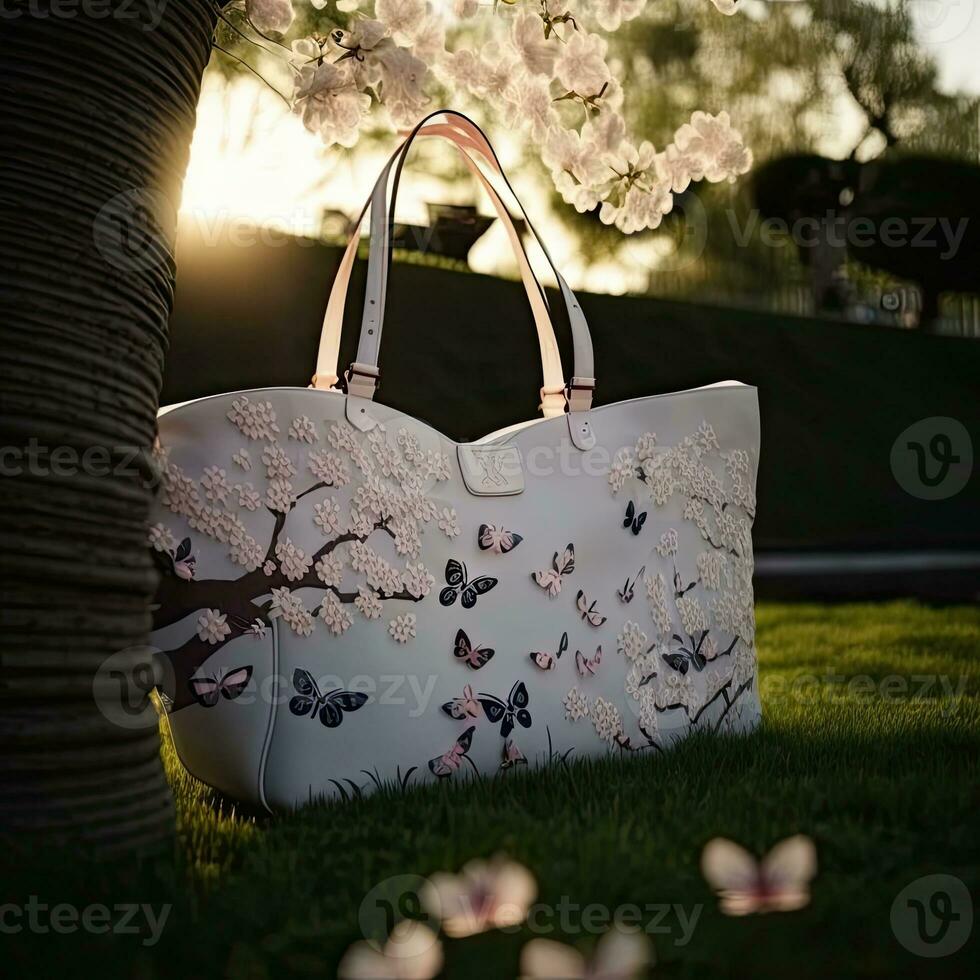 lyx kvinnor vit toto väska, blommor och fjärilar design, skön zen trädgård. solnedgång tid. foto